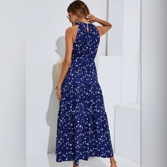 NWT Women's Night Sky Halter Neck Maxi Layer Dress In Navy & White little stars - Picture 6 of 14